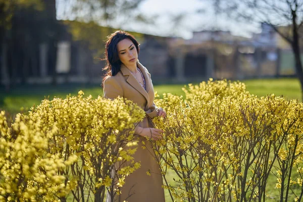 Портрет Красивої Жінки Позує Квітучому Жовтому Дереві Сонячний Весняний День — стокове фото