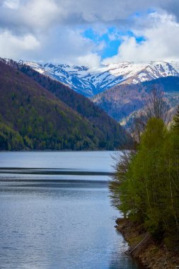 Romanya 'nın Karpat dağlarında bir göl ve dağ manzarası