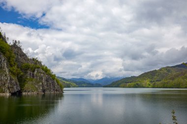 Baharda Romanya 'nın Karpat dağlarındaki Vidraru barajının manzarası