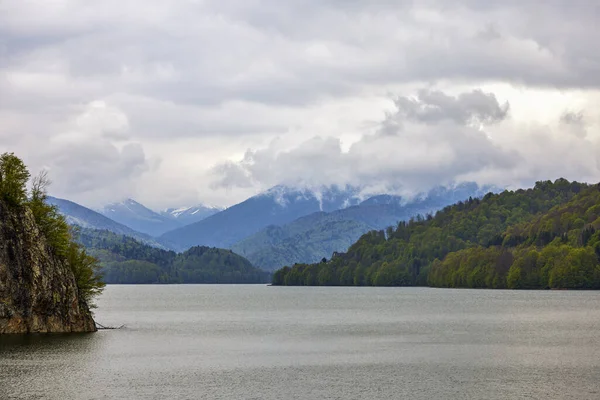 Baharda Romanya 'nın Karpat dağlarındaki Vidraru barajının manzarası