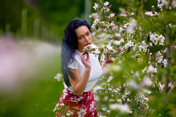 Portrait Une Belle Femme Brune Dans Verger Pommiers Fleurs — Photo
