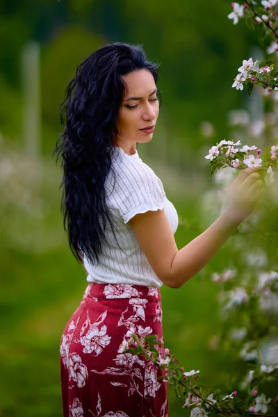 Porträt Einer Schönen Brünetten Frau Einem Blühenden Apfelgarten — Stockfoto