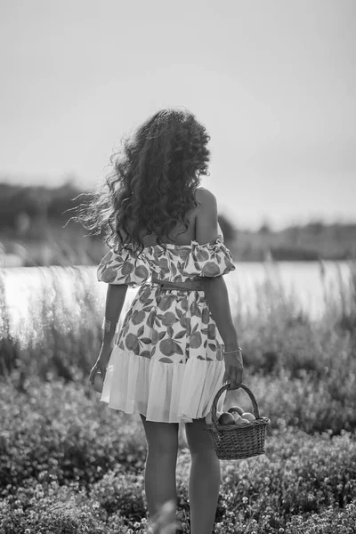 Retrato Una Hermosa Mujer Con Limones Prado Cerca Lago — Foto de Stock