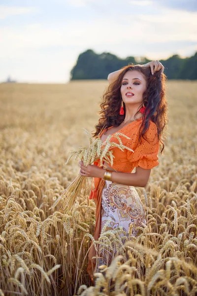 Beautiful Woman Long Hair Posing Field Wheat Conceptual Fashion Image — Stock Photo, Image
