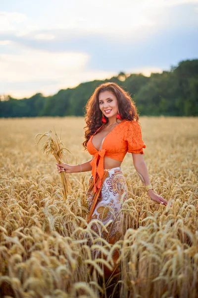Eine Schöne Frau Mit Langen Haaren Posiert Einem Weizenfeld Konzeptionelles — Stockfoto