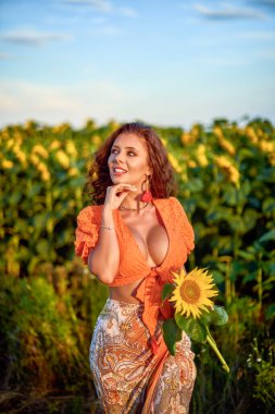 Güneşli bir günde gün batımında ayçiçeği tarlasının yanında güzel bir kadının portresi..