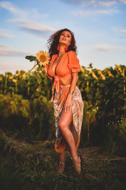 Güneşli bir günde gün batımında ayçiçeği tarlasının yanında güzel bir kadının portresi..