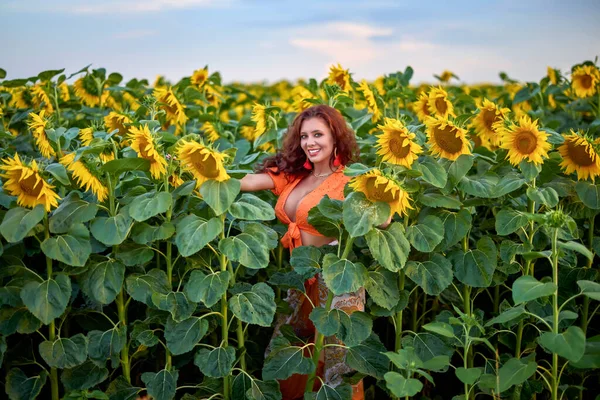 Portrait Beautiful Woman Field Sunflowers Sunny Day Sunset — Stock Photo, Image