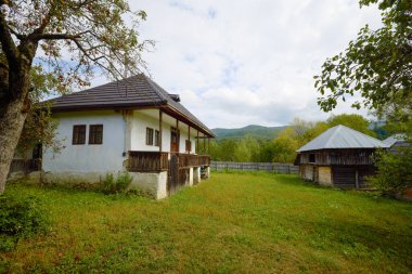 Transilvanya 'da bir yerlerde Romanya' dan yerel mimarisi olan eski evlerin manzarası.