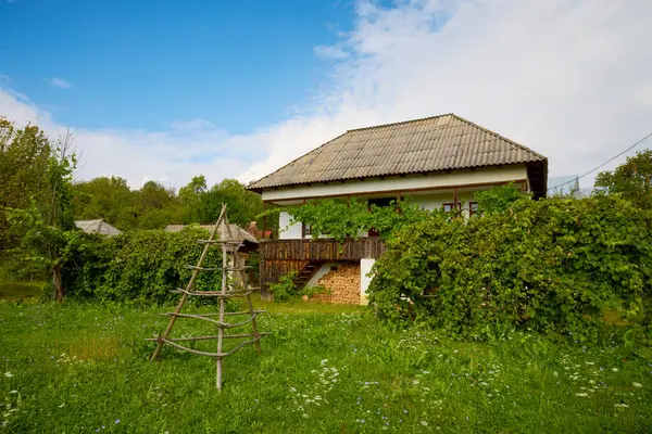 Krajobraz Starymi Domami Lokalnej Architekturze Rumunii Gdzieś Transylwanii — Zdjęcie stockowe
