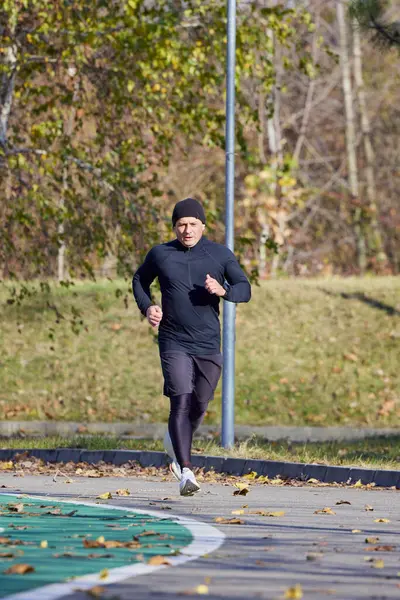 Portret Mężczyzny Średnim Wieku Biegającego Parku Jesienią Zdjęcia Stockowe bez tantiem
