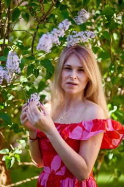 Leylak kokusunun tadını çıkaran güzel bir kadın. Şirin Model ve Çiçekler. Aromaterapi ve Bahar