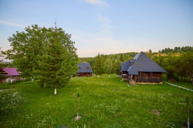 Maramures, Romanya 'dan farklı geleneksel evlere sahip peyzaj, ağırlıklı olarak ahşaptan yapılmış evler.