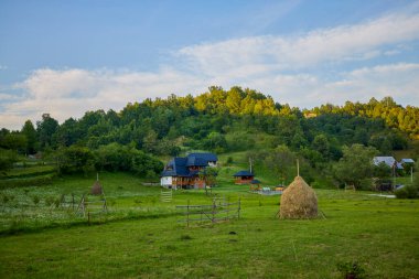 Maramures, Romanya 'dan farklı geleneksel evlere sahip peyzaj, ağırlıklı olarak ahşaptan yapılmış evler.