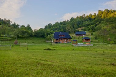 Maramures, Romanya 'dan farklı geleneksel evlere sahip peyzaj, ağırlıklı olarak ahşaptan yapılmış evler.
