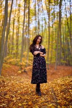 Ormanda sonbaharda güzel bir kadının portresi.