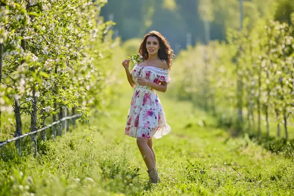 Güneşli bir bahar gününde çiçek açan bir elma bahçesinde güzel bir kadının vücut portresi.