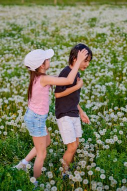 Karahindiba otlağında oynayan iki sevimli çocuk..