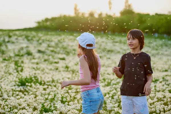Karahindiba otlağında oynayan iki sevimli çocuk..