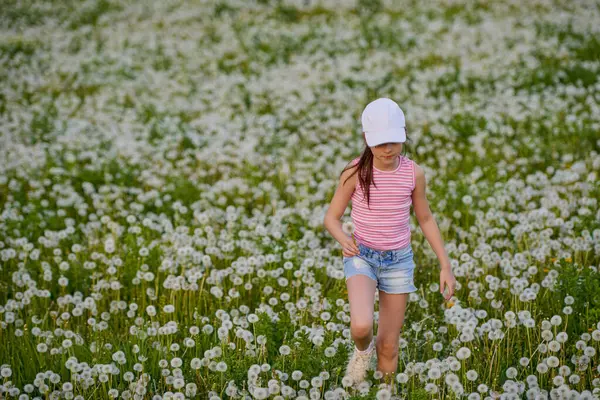 Bir bahar günü karahindiba otlağında oynayan tatlı küçük bir kız.