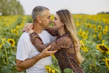 Bir çift yaz günü ayçiçeği tarlasında eğleniyor.