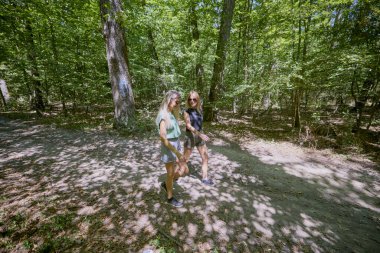 Bir grup insan ormanda yürüyüş yapıyor ve güneşli bir yaz gününde dinleniyorlar.