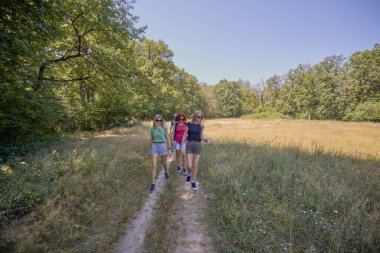 Bir grup insan ormanda yürüyüş yapıyor ve güneşli bir yaz gününde dinleniyorlar.