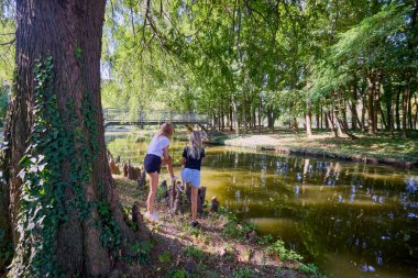 İki orta yaşlı kız kardeş bir yaz sabahını parkta dinlenerek ve eğlenerek geçiriyorlar..