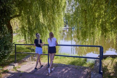 İki orta yaşlı kız kardeş bir yaz sabahını parkta dinlenerek ve eğlenerek geçiriyorlar..