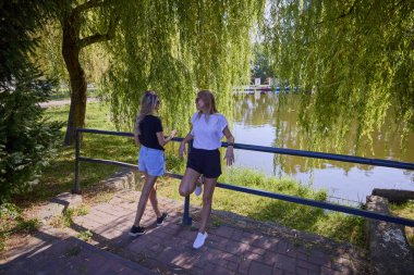 İki orta yaşlı kız kardeş bir yaz sabahını parkta dinlenerek ve eğlenerek geçiriyorlar..