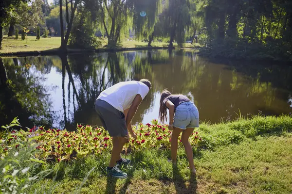 Baba ve kızı bir yaz sabahı göl kenarında parkta birlikte vakit geçiriyorlar doğanın tadını çıkarıyorlar..