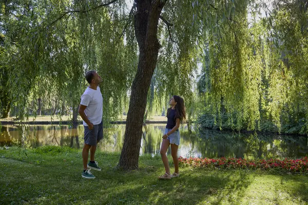 Baba ve kızı bir yaz sabahı göl kenarında parkta birlikte vakit geçiriyorlar doğanın tadını çıkarıyorlar..