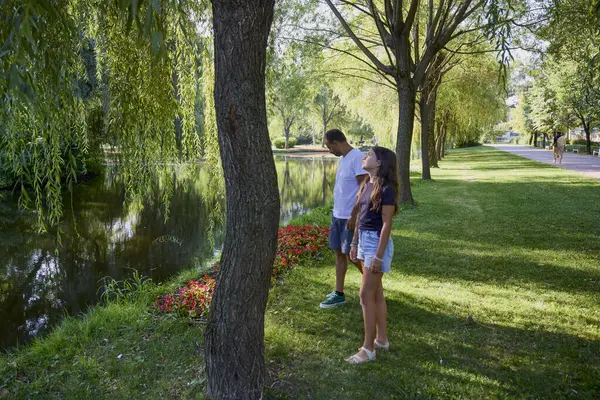 Baba ve kızı bir yaz sabahı göl kenarında parkta birlikte vakit geçiriyorlar doğanın tadını çıkarıyorlar..
