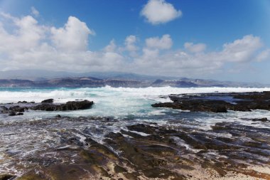 Gran Canaria, view to  El Confital beach on the edge of Las Palmas de Gran Canaria, large waves