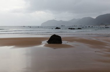 Cantabria, İspanya, Noja kasabasındaki Trengandin plajı. Karst oluşumları düşük gelgitle ortaya çıktı. 