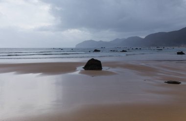 Cantabria, İspanya, Noja kasabasındaki Trengandin plajı. Karst oluşumları düşük gelgitle ortaya çıktı. 
