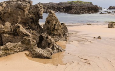 Cantabria, Playa de Ris plajı, Noja kasabasında, karst oluşumları ve kıyı açıklarında birkaç küçük adacık