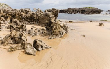 Cantabria, Playa de Ris plajı, Noja kasabasında, karst oluşumları ve kıyı açıklarında birkaç küçük adacık