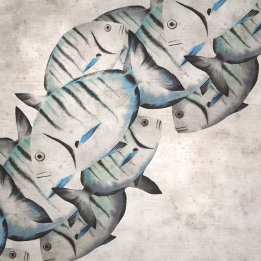 Diplodus sargus, sargo, yaygın beyaz deniz kabuğu suluboya arkaplanlı şık kare desenli eski kağıt arka plan