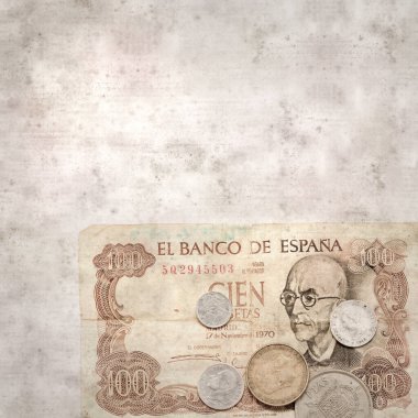 textured stylish old paper background, square, with out of circulation Spanish pesetas clipart