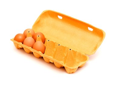 Egg carton for a dozen, more than half gone, with large brown organic chicken eggs, isolated on white clipart