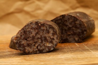 Morcilla, blood sausage with rice, typical of Spain, macro food background clipart