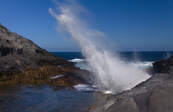 Gran Canaria, views around salt evaporation ponds Salinas el Bufadero close to a blowhole Bufadero in the coast of Arucas municipality