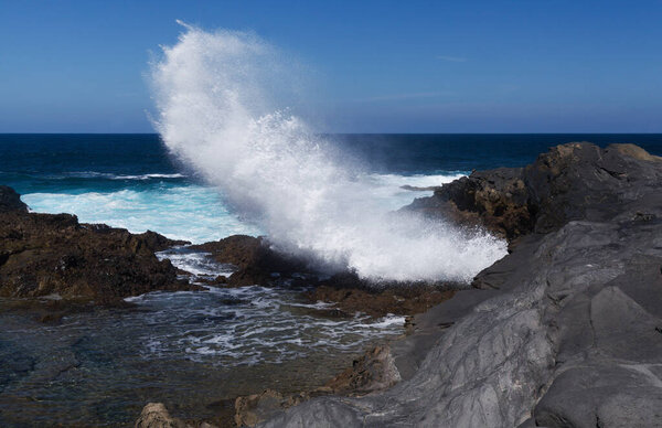 Gran Canaria, views around salt evaporation ponds Salinas el Bufadero close to a blowhole Bufadero in the coast of Arucas municipality