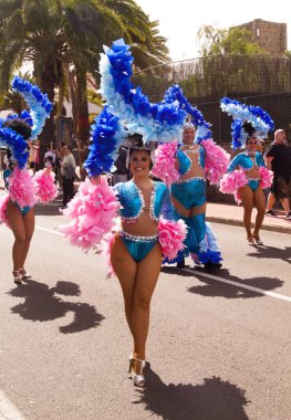 Las Palmas de Gran Canaria, İspanya - Mart 01 2025: Las Palmas sokaklarındaki pek çok karnaval töreninden biri