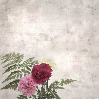 Melez karanfil çiçekleri ile kare biçiminde eski dokulu kağıt arka plan 