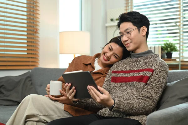 Mutlu genç çiftler internet üzerinden alışveriş yapıyor ya da sohbet ediyor oturma odasındaki rahat koltukta oturup video görüşmesi yapıyor..