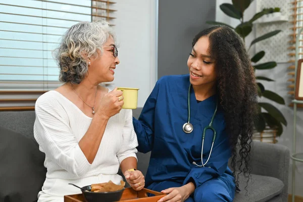 積極的な女性の健康訪問者は 家庭訪問中に高齢者の女性にアドバイスを与える話している 高齢者医療の概念 — ストック写真