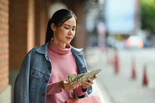 Happy Woman Fan Money Hands While Standing City Street Shopping — Stock Photo, Image