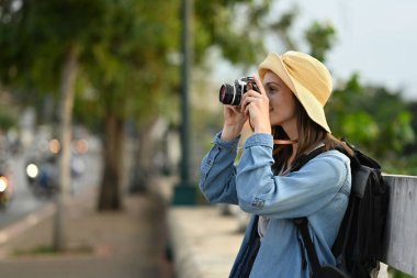 Caucasian female tourist with backpack on holiday vacation trip in Thailand. Travel Lifestyle vacations concept.